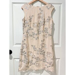 Lauren Ralph Lauren Sequin Embroidered Sheath Dress Ivory Silver Floral Sheer 8